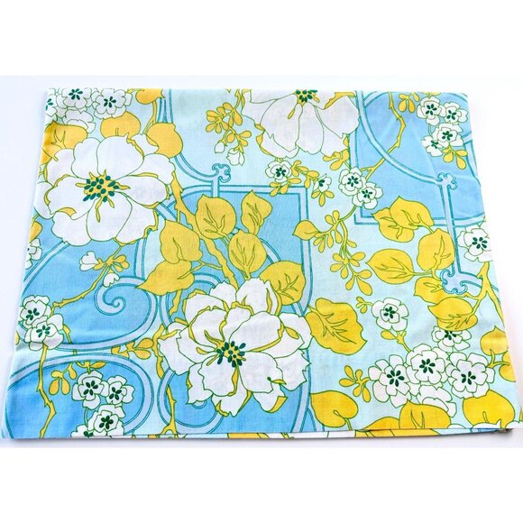Vintage 1970s pillowcase, geometric floral, blue and yellow, groovy, single - Picture 1 of 8